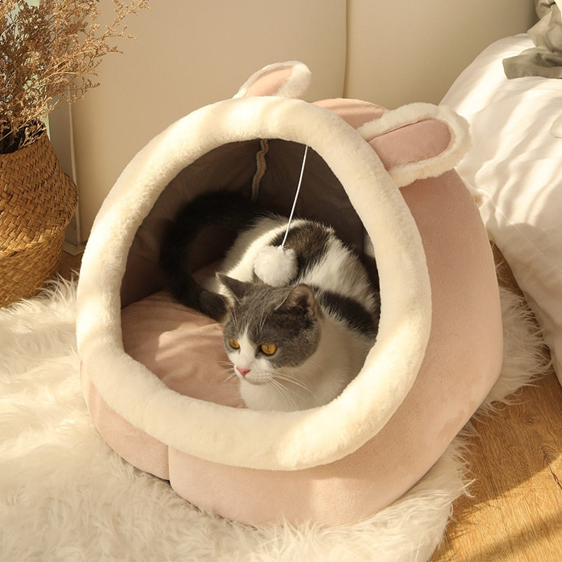Cat Cave House Bed | Cozy Design | Built-In Toy for Fun