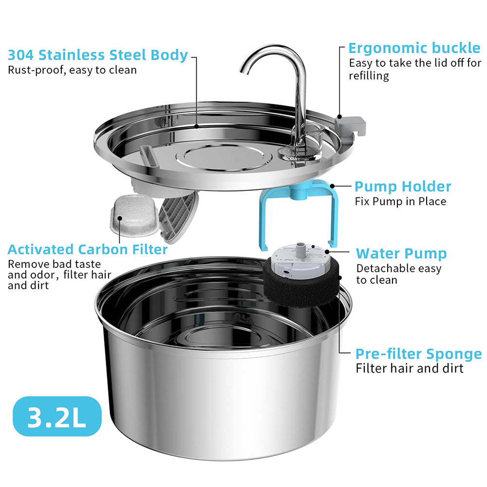 Stainless Steel Cat Water Fountain 3L Automatic Dispenser