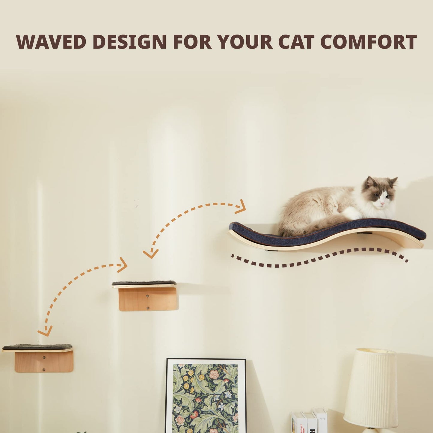 Wave Cat Shelves | 2 Cat Wall Steps | Modern Cream Cat Furniture