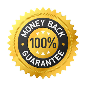 Gold and black money back guarantee badge on a white background
