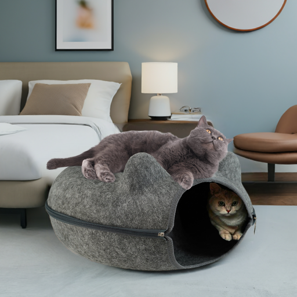Cozy Cat Cave Bed | Donut Tunnel Design | Soft Cat Ears