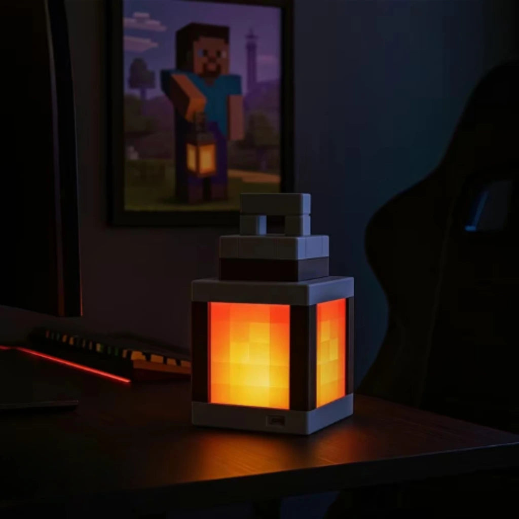 Pixelated lantern on a table with a dark background